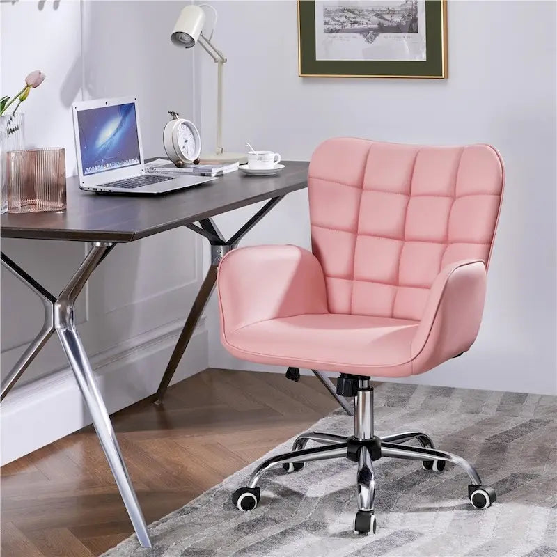Chaise de bureau pivotante en similicuir avec accoudoirs rembourrés et hauteur réglable, Noir/Rose/Blanc