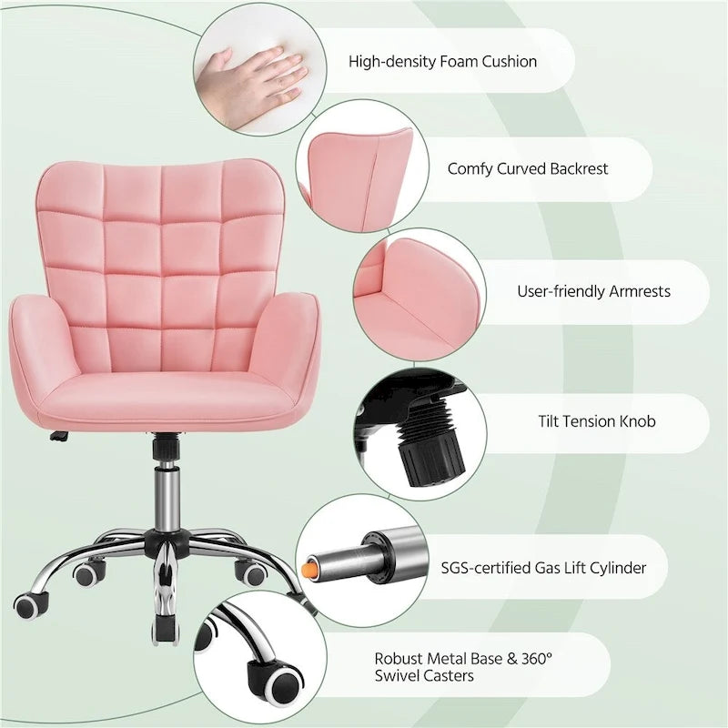 Chaise de bureau pivotante en similicuir avec accoudoirs rembourrés et hauteur réglable, Noir/Rose/Blanc