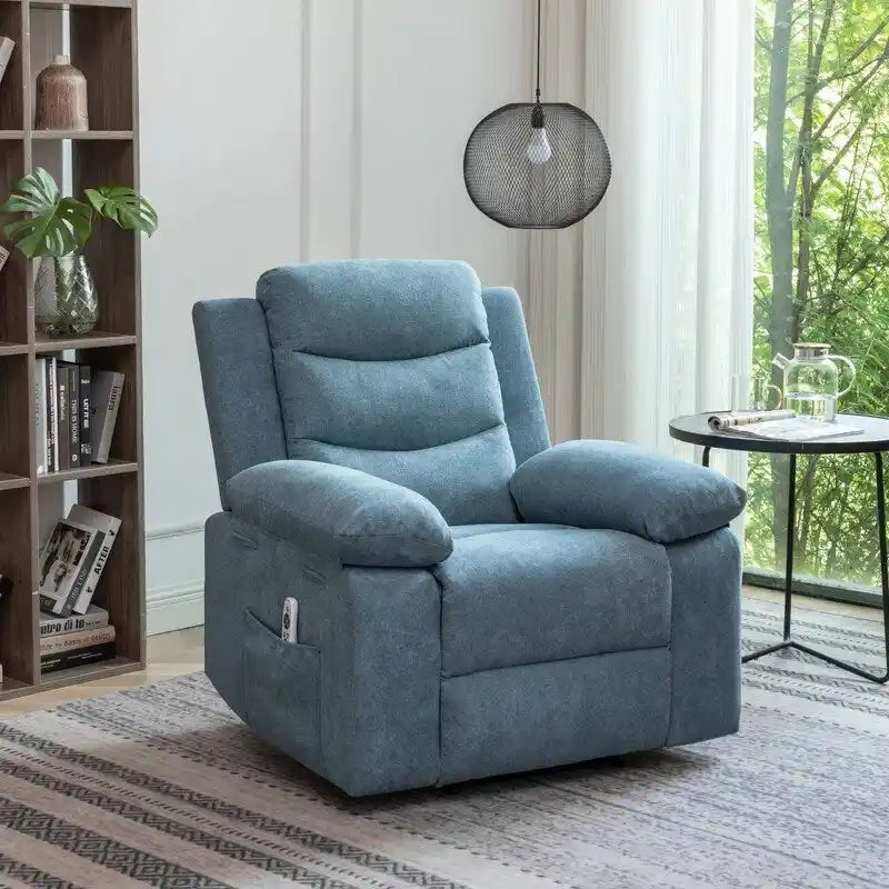 Fauteuil inclinable électrique avec massage chauffant, revêtement en velours, accoudoirs carrés, bleu