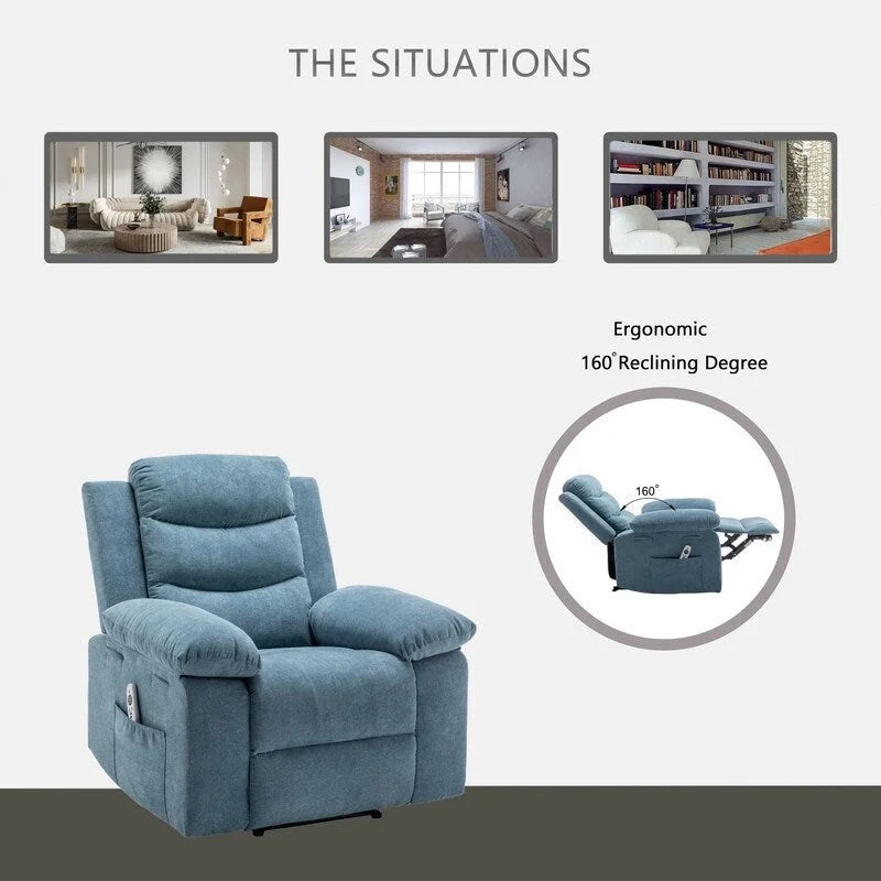 Fauteuil inclinable électrique avec massage chauffant, revêtement en velours, accoudoirs carrés, bleu