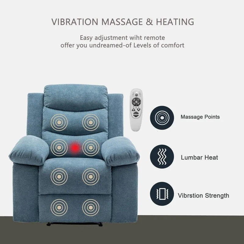 Fauteuil inclinable électrique avec massage chauffant, revêtement en velours, accoudoirs carrés, bleu