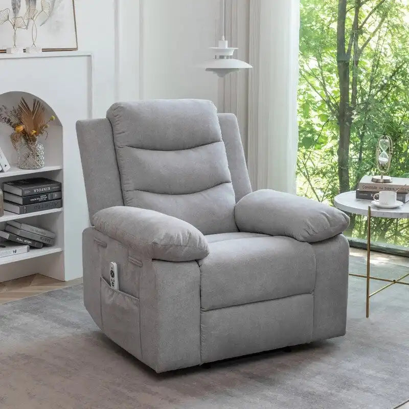Fauteuil inclinable électrique avec massage chauffant, revêtement en velours, accoudoirs carrés, bleu