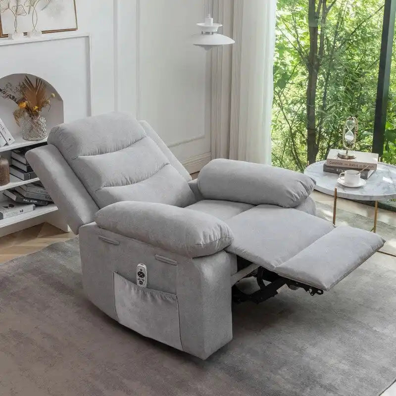 Fauteuil inclinable électrique avec massage chauffant, revêtement en velours, accoudoirs carrés, bleu