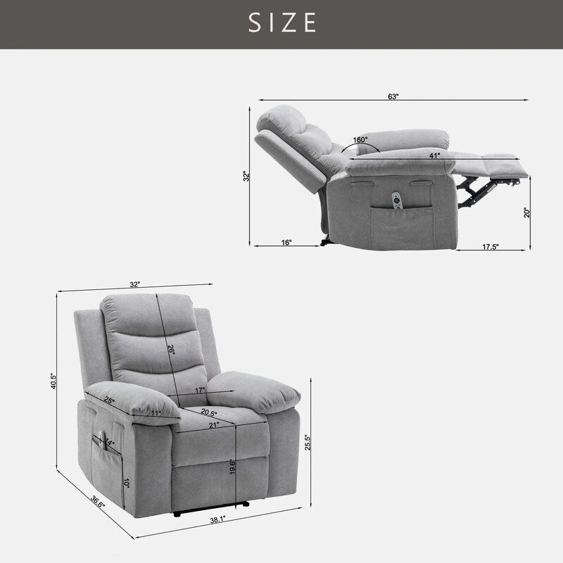 Fauteuil inclinable électrique avec massage chauffant, revêtement en velours, accoudoirs carrés, bleu