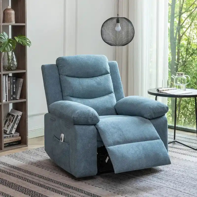 Fauteuil inclinable électrique avec massage chauffant, revêtement en velours, accoudoirs carrés, bleu