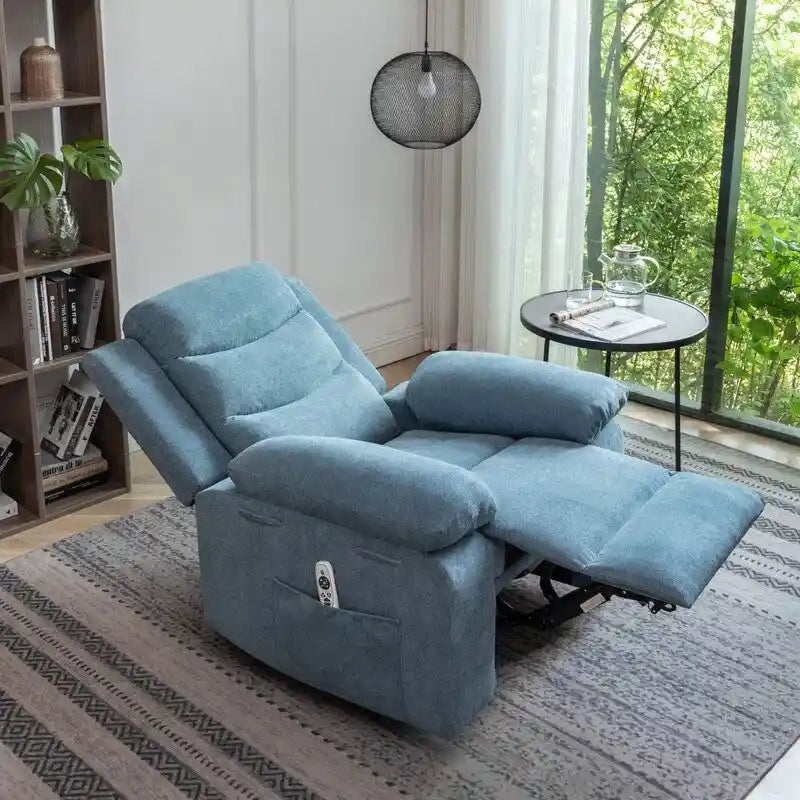 Fauteuil inclinable électrique avec massage chauffant, revêtement en velours, accoudoirs carrés, bleu