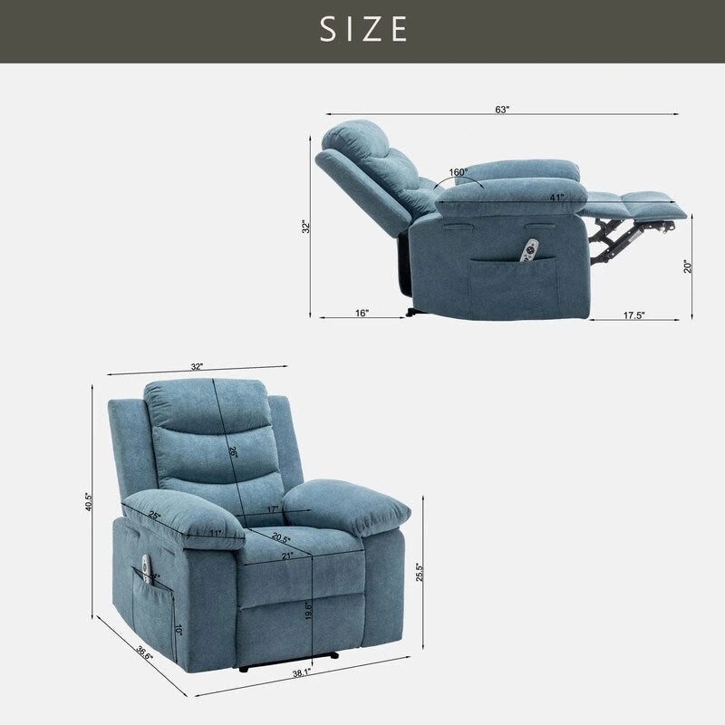 Fauteuil inclinable électrique avec massage chauffant, revêtement en velours, accoudoirs carrés, bleu