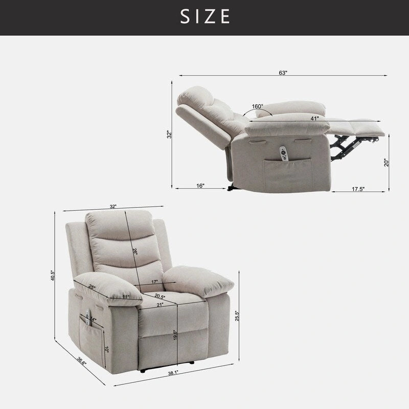 Fauteuil inclinable électrique avec massage chauffant, revêtement en velours, accoudoirs carrés, bleu