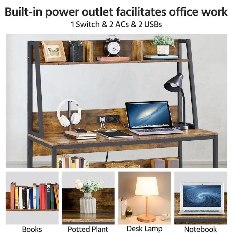 Bureau informatique industriel vintage avec prise de courant, étagère surélevée gris brun rustique