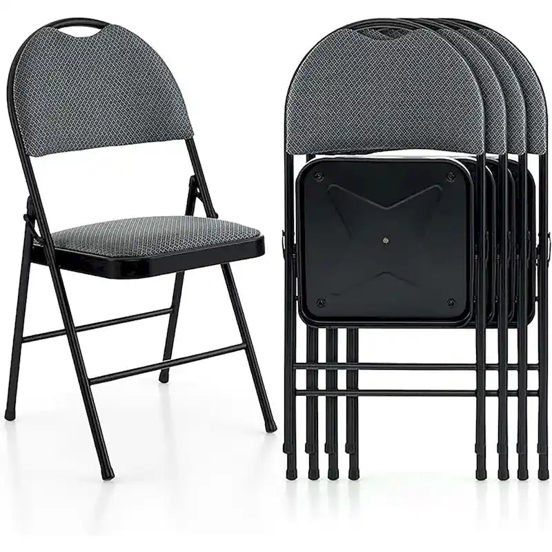 Chaise pliante rembourrée, cadre en acier noir, assise en tissu argyle gris