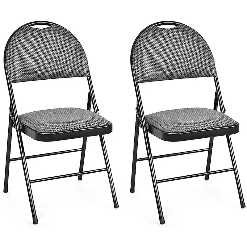 Chaise pliante rembourrée, cadre en acier noir, assise en tissu argyle gris