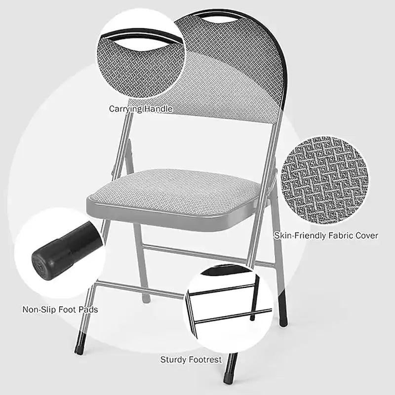 Chaise pliante rembourrée, cadre en acier noir, assise en tissu argyle gris
