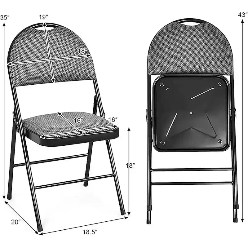 Chaise pliante rembourrée, cadre en acier noir, assise en tissu argyle gris