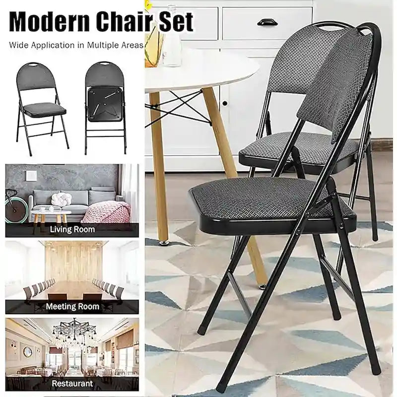 Chaise pliante rembourrée, cadre en acier noir, assise en tissu argyle gris