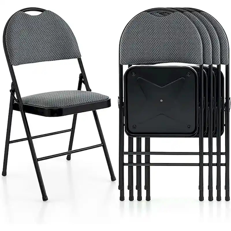 Chaise pliante rembourrée, cadre en acier noir, assise en tissu argyle gris