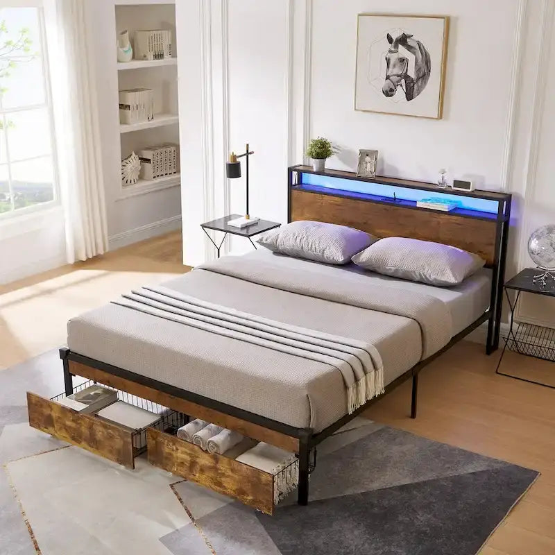 King/Queen/Full Size Metal Platform Bed Frame with Headboard and Footboard with USB, Charging Station, 2 Drawers, LED Lights