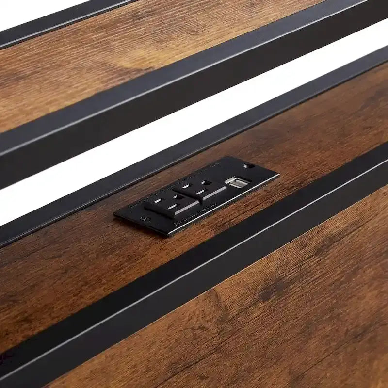 Cadre de lit plateforme en métal avec lumières LED, chargement USB, tiroirs de rangement, marron rustique