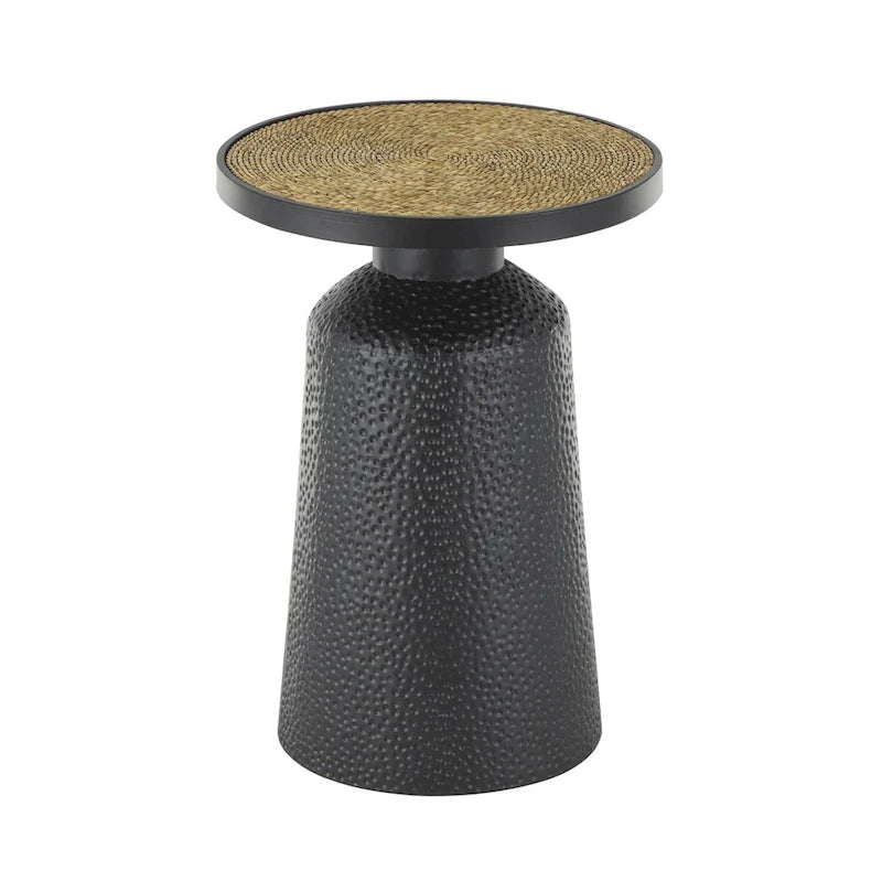 Table d'appoint ronde en métal noir avec plateau en corde de jonc de mer tressée, style bohème