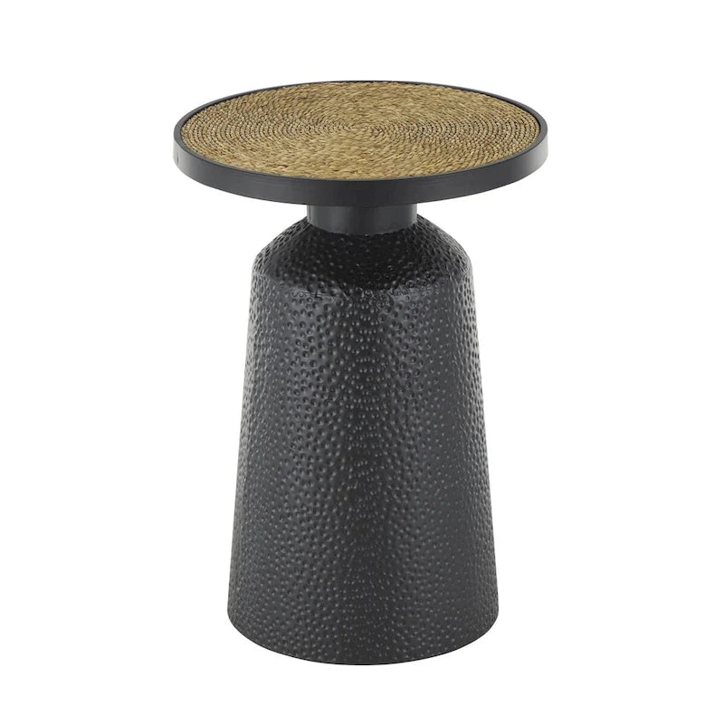 Table d'appoint ronde en métal noir avec plateau en corde de jonc de mer tressée, style bohème