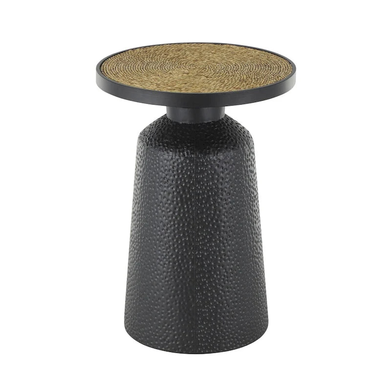 Table d'appoint ronde en métal noir avec plateau en corde de jonc de mer tressée, style bohème
