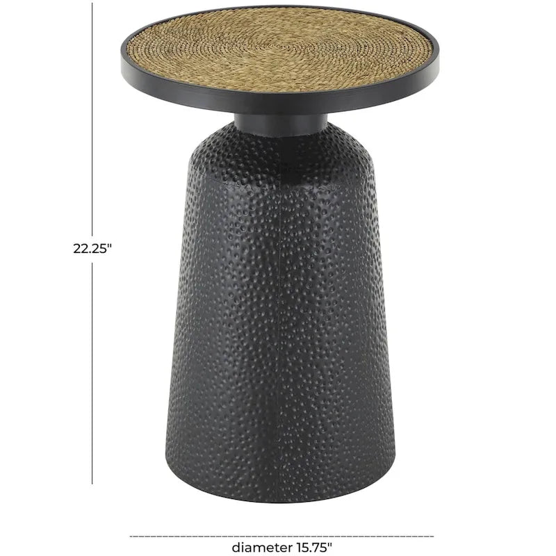 Table d'appoint ronde en métal noir avec plateau en corde de jonc de mer tressée, style bohème
